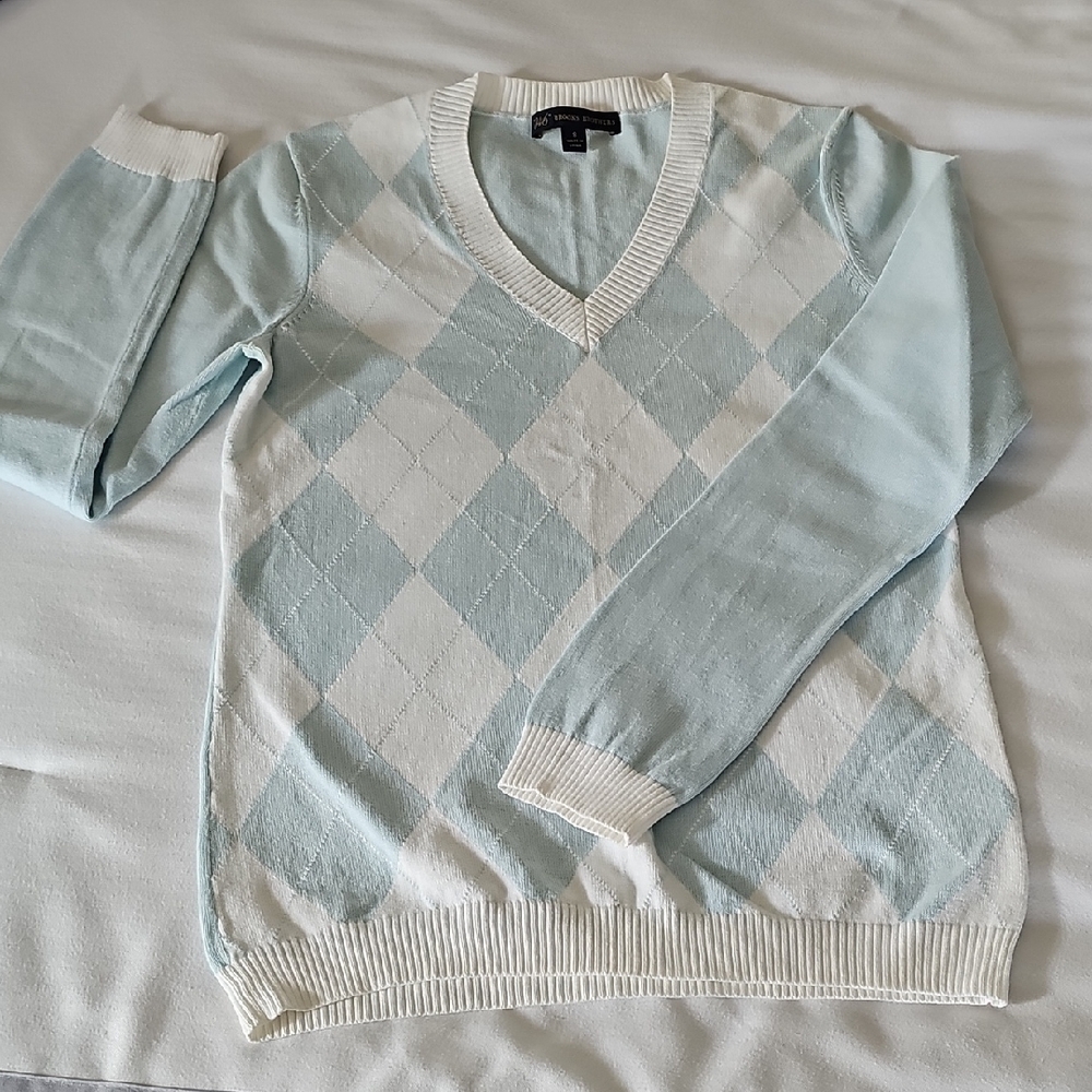 Brooks Brothers Light Blue and White Argyle V-Neck Sweater